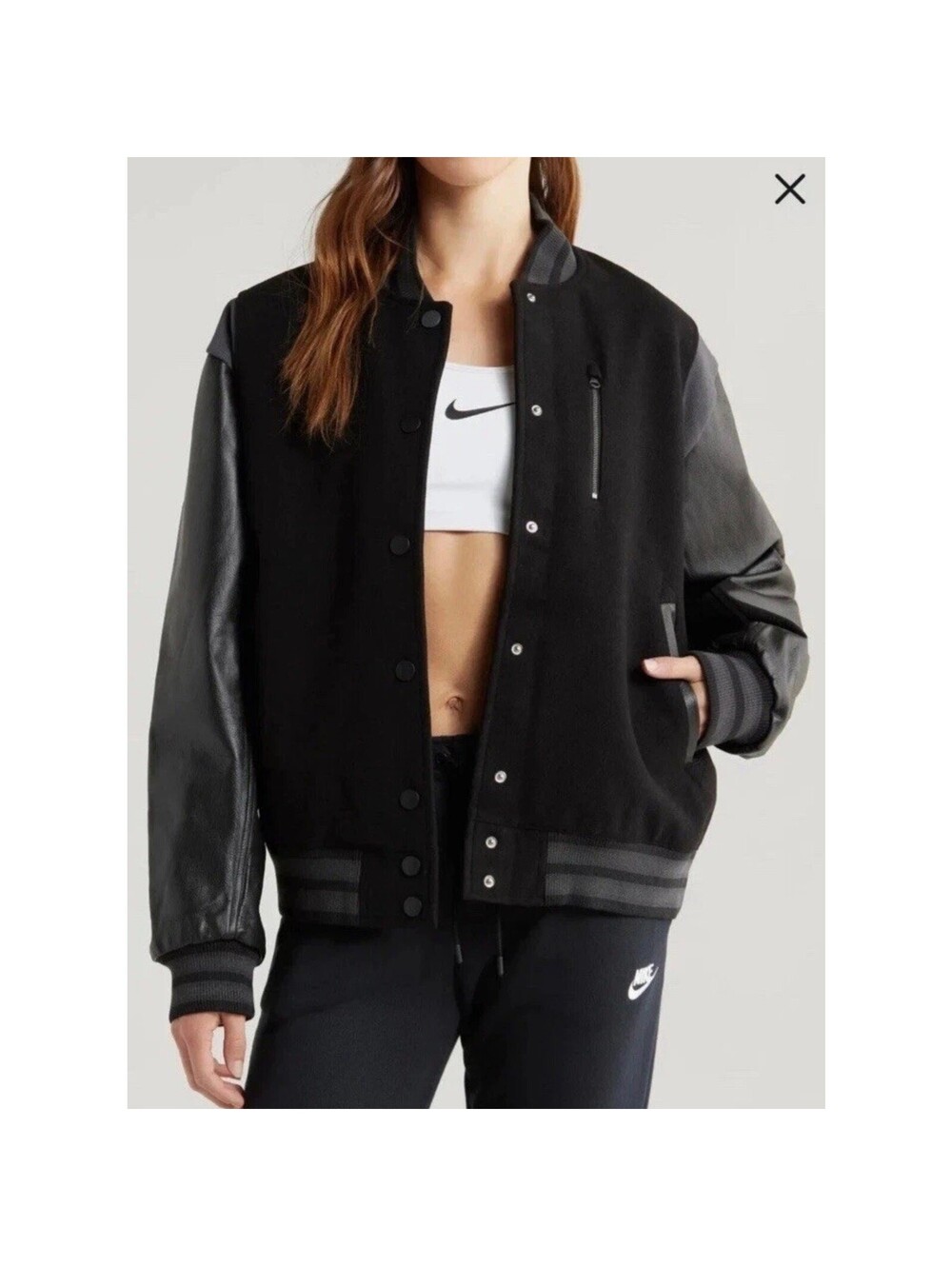 Nike Sportswear Oversized Wool Leather Destroyer Jacket Womens M FN3672 Black